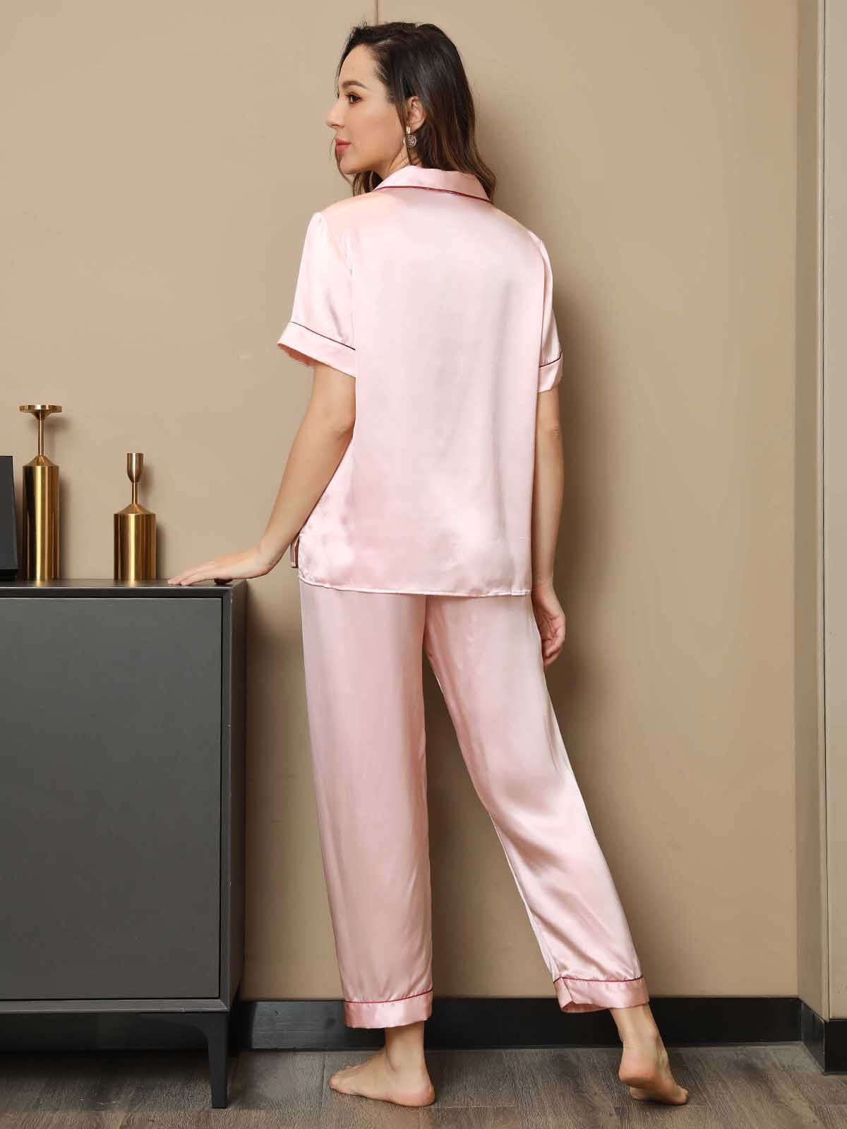 SilkSilky NL Pure Silk Korte Mouw Revers Dames Pyjama Set Roze 002