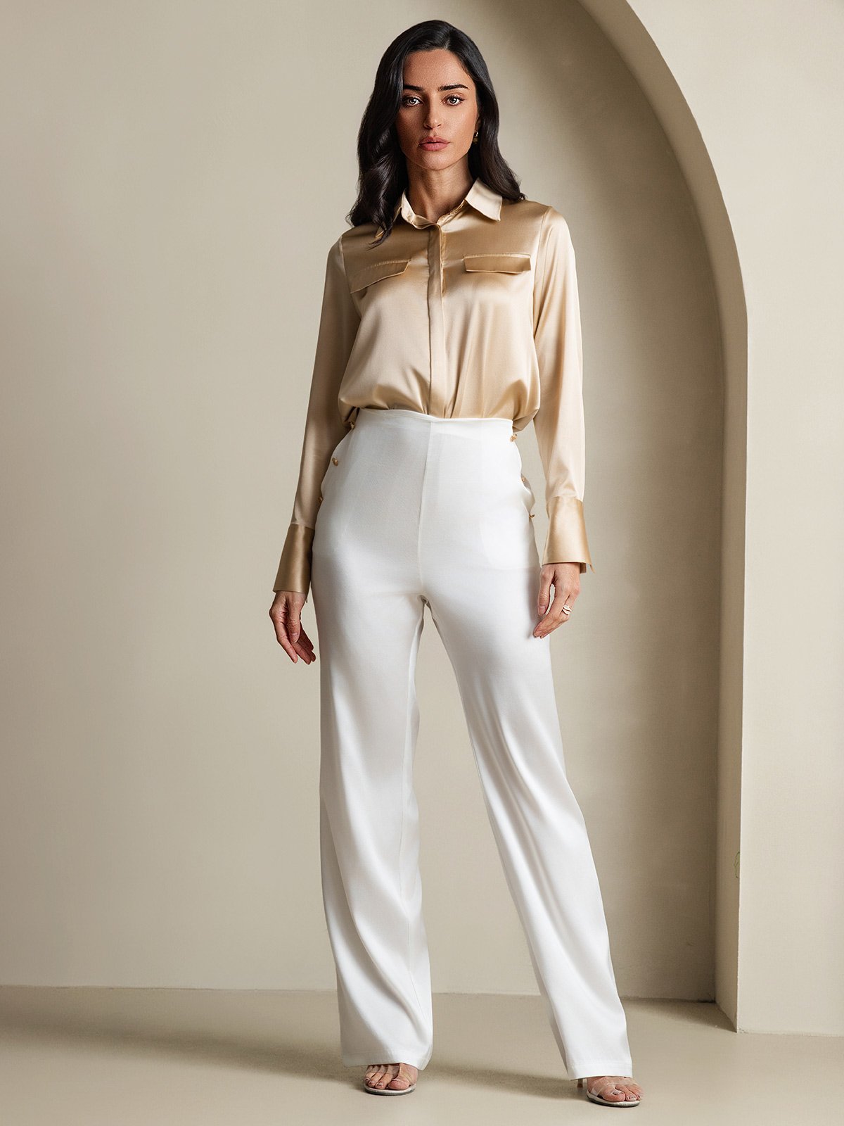 SilkSilky-NL 19Momme Zijde Lange Mouw Kraag Dames Blouse Champagne 007