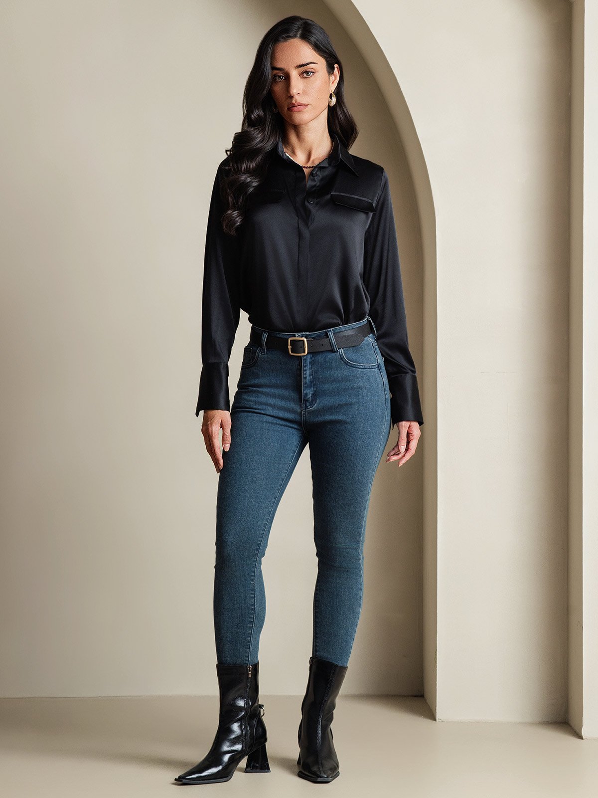 SilkSilky-NL 19Momme Zijde Lange Mouw Kraag Dames Blouse Zwart 001