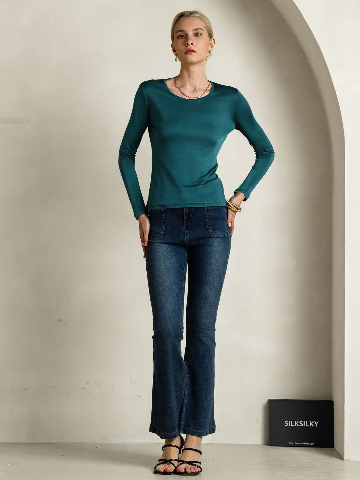 [Donkergroen] SilkSilky-NL Zijde Ronde Hals Dames T-Shirt 005