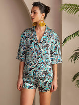 [Teal Botanisch] SilkSilky-NL Short Sleeve Notch Collar Dames Pyjama Set 003