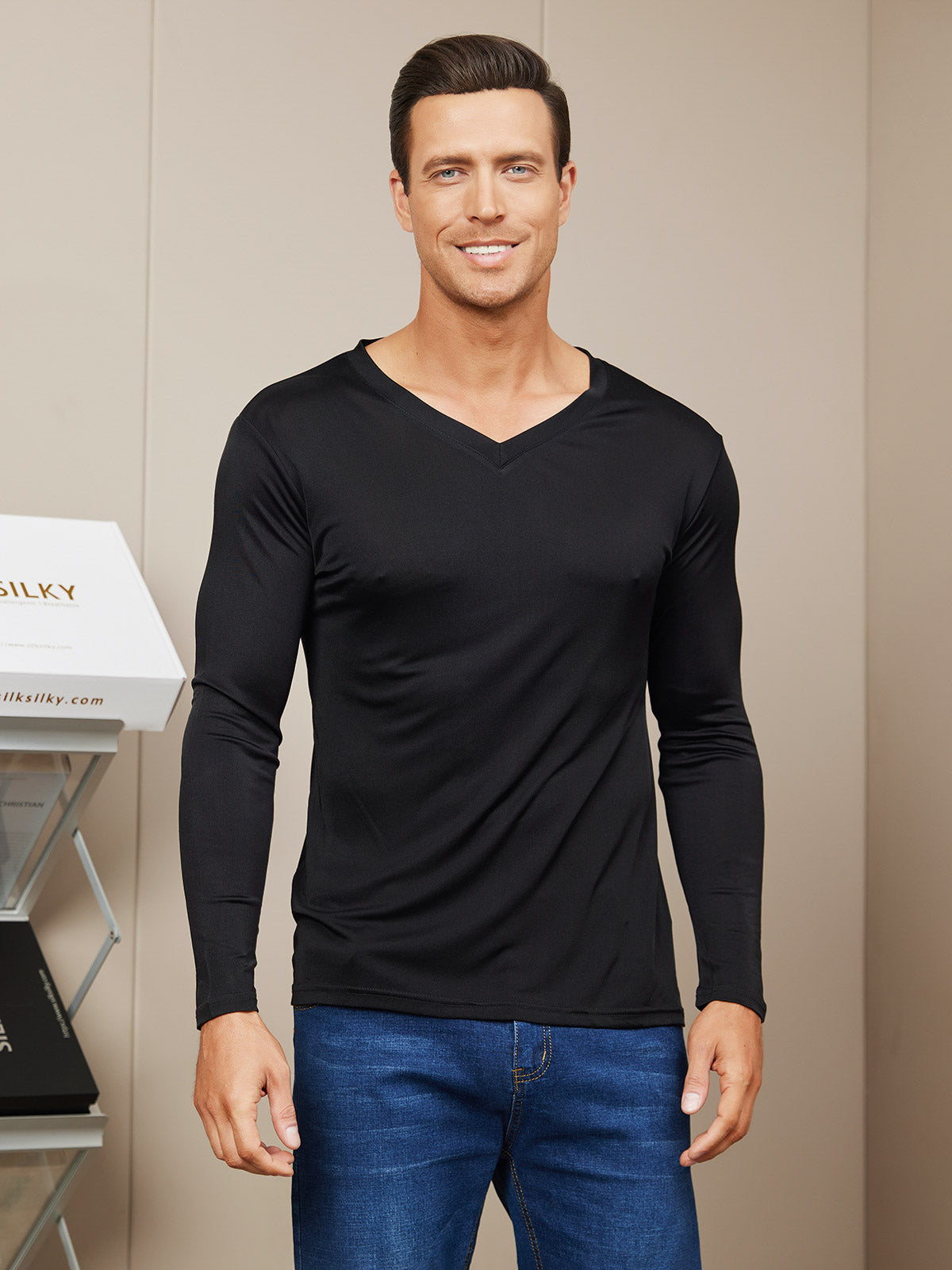 [Zwart] SilkSilky-NL Zijde Gebreid Lange Mouw V-Hals Heren T-Shirt 001