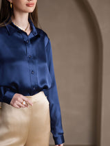 [Donkerblauw] SilkSilky-NL 19Momme Lange Mouw Reverskraag Dames Blouse 006