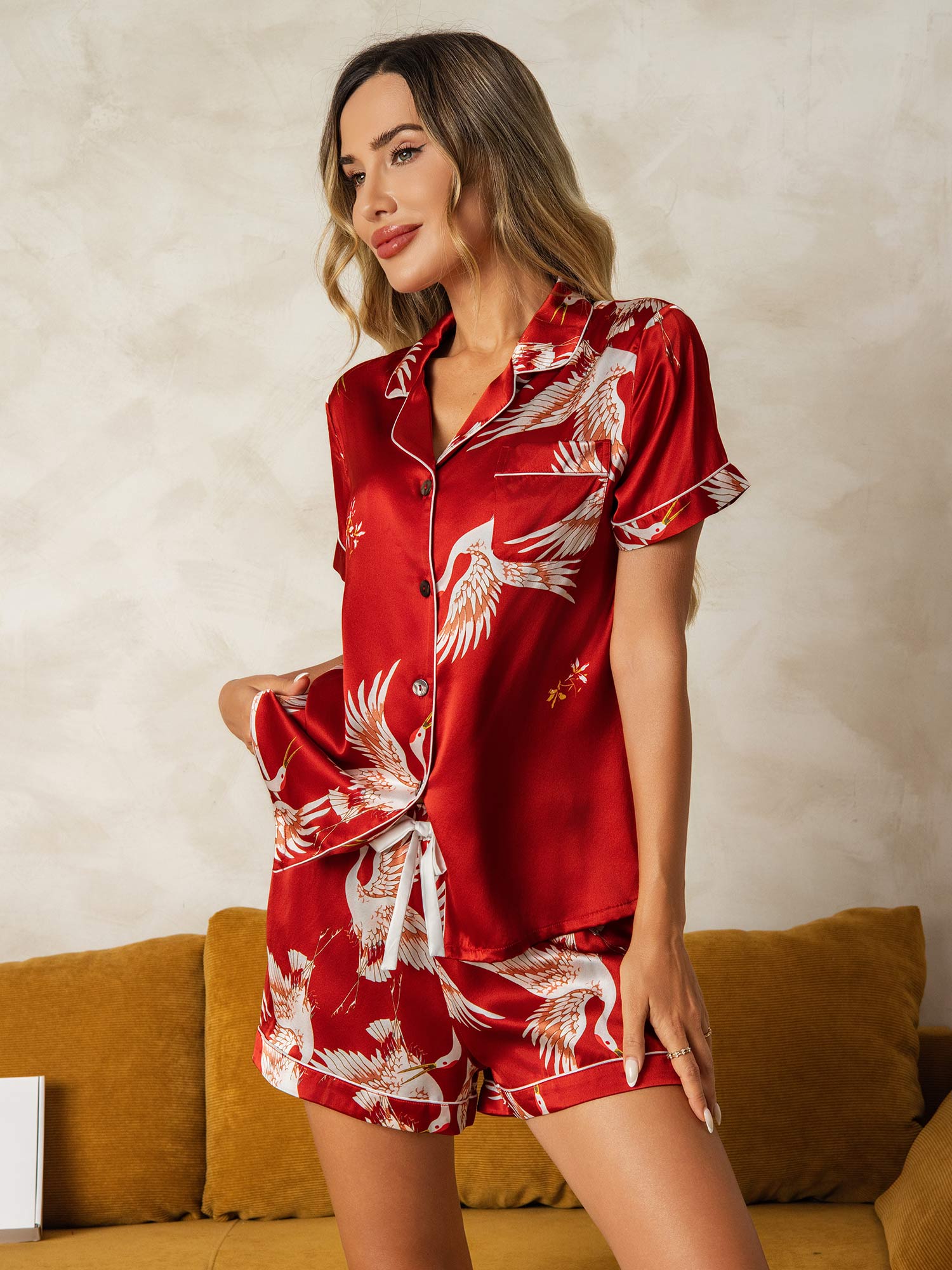[Donkerrood] SilkSilky-NL 19Momme Korte Mouw Notchkraag Dames Pyjama Set 002