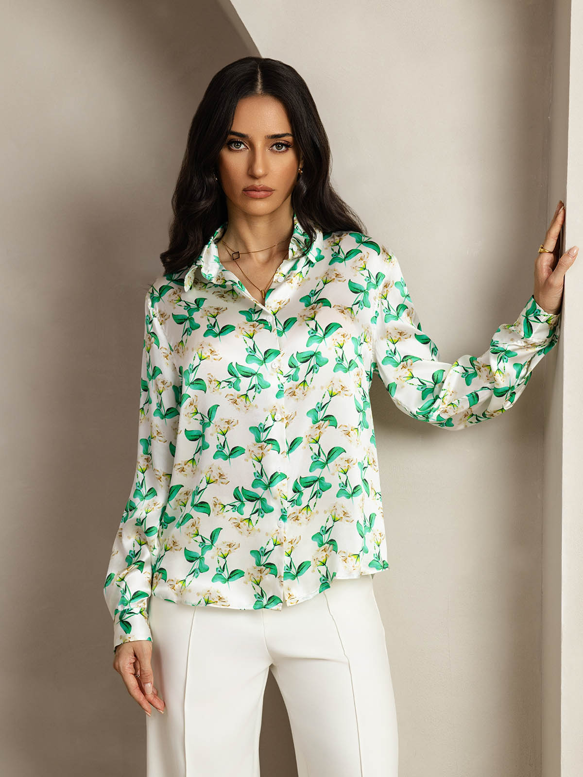 [Groene Bloemen] SilkSilky-NL Zijde Lange Mouw Kraag Dames Blouse 001
