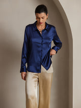 [Donkerblauw] SilkSilky-NL 19Momme Lange Mouw Reverskraag Dames Blouse 003