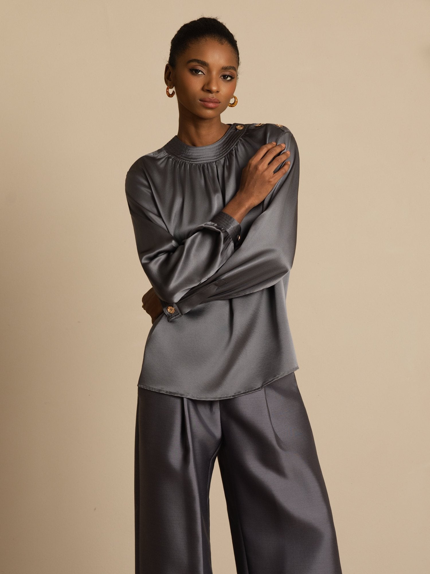 [Donkergrijs] SilkSilky-NL 19Momme Lange Mouw Ronde Hals Blouse 005