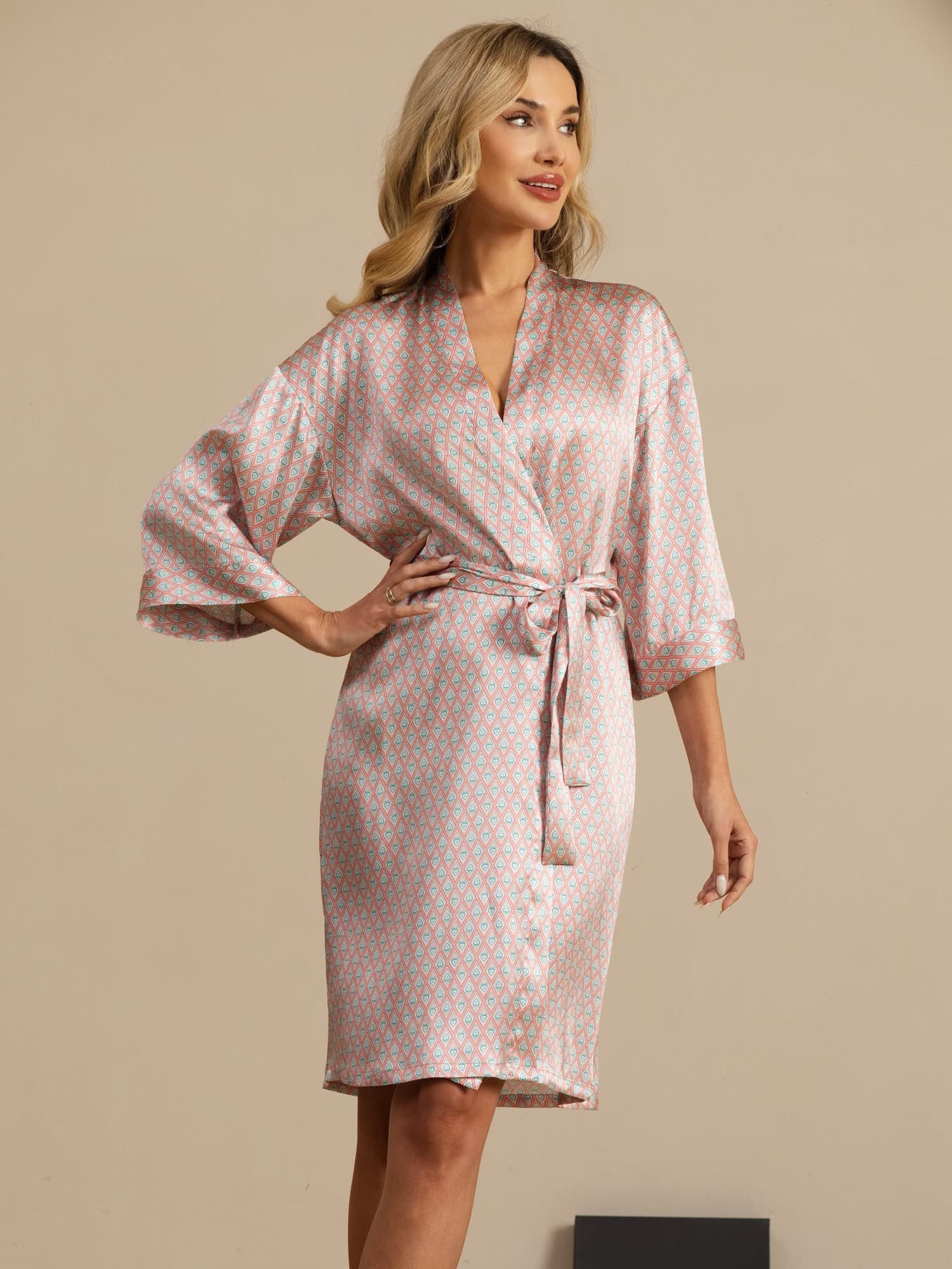 [Roze Hart Geo] SilkSilky-NL 3/4 Mouw Dames Kamerjas 001