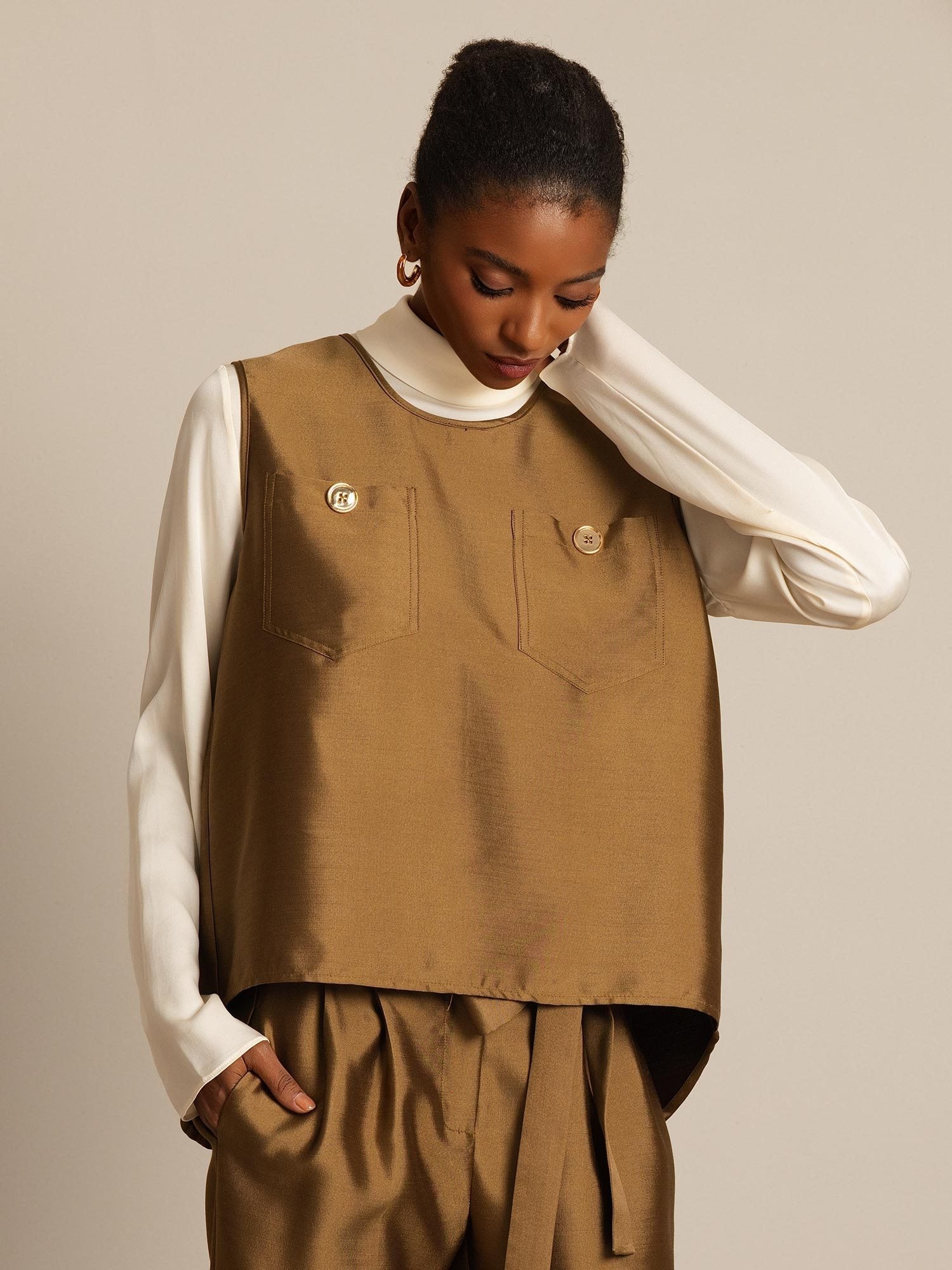 [Brons] SilkSilky-NL 32Momme Silk-Wool Blend Womens Vest 006,