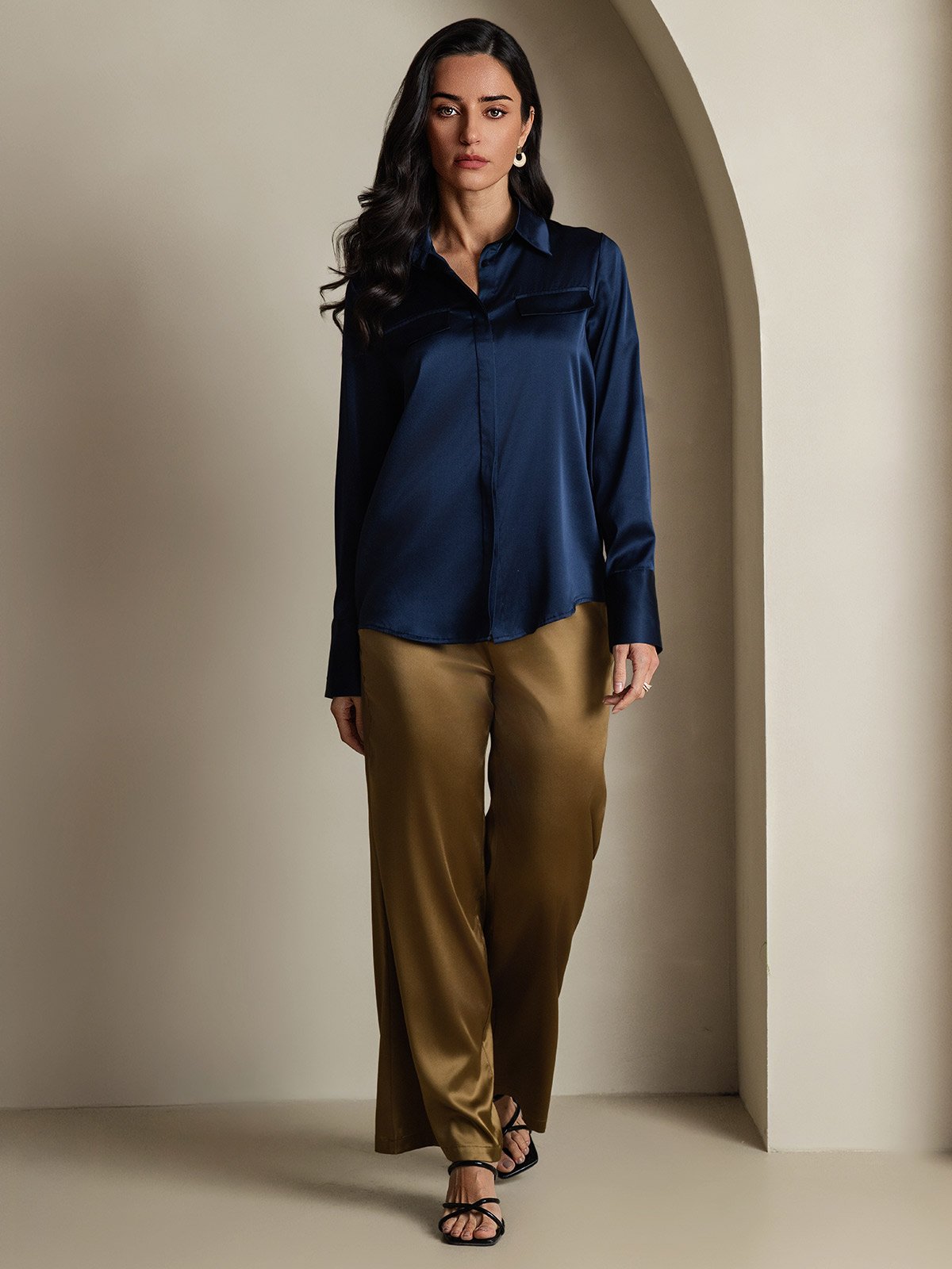 SilkSilky-NL 19Momme Zijde Lange Mouw Kraag Dames Blouse Donkerblauw 007