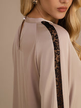 [Tan] SilkSilky-NL Long Sleeve Keyhole Neck Blouse 005