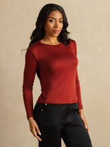 [Gebakken Baksteen] SilkSilky-NL Lange Mouw Crew Hals Dames T-Shirt 007