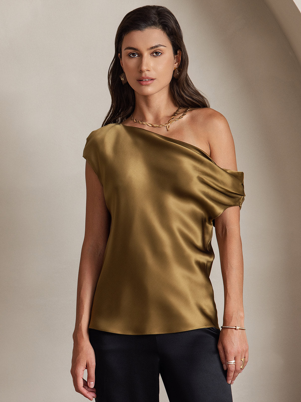 SilkSilky NL 19Momme Zijde Mouwloos One Shoulder Dames T Shirt Bruin 001