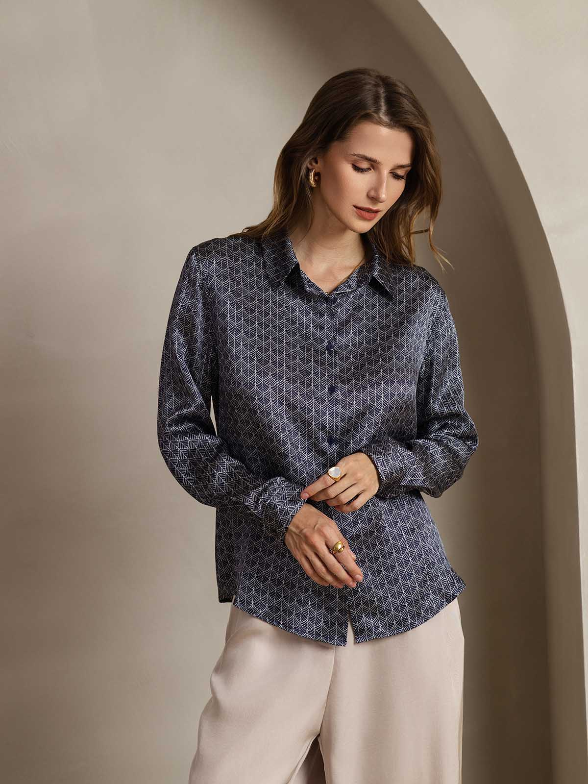 [Marine Ginkgo] SilkSilky-NL Zijde Kraag Dames Blouse 005