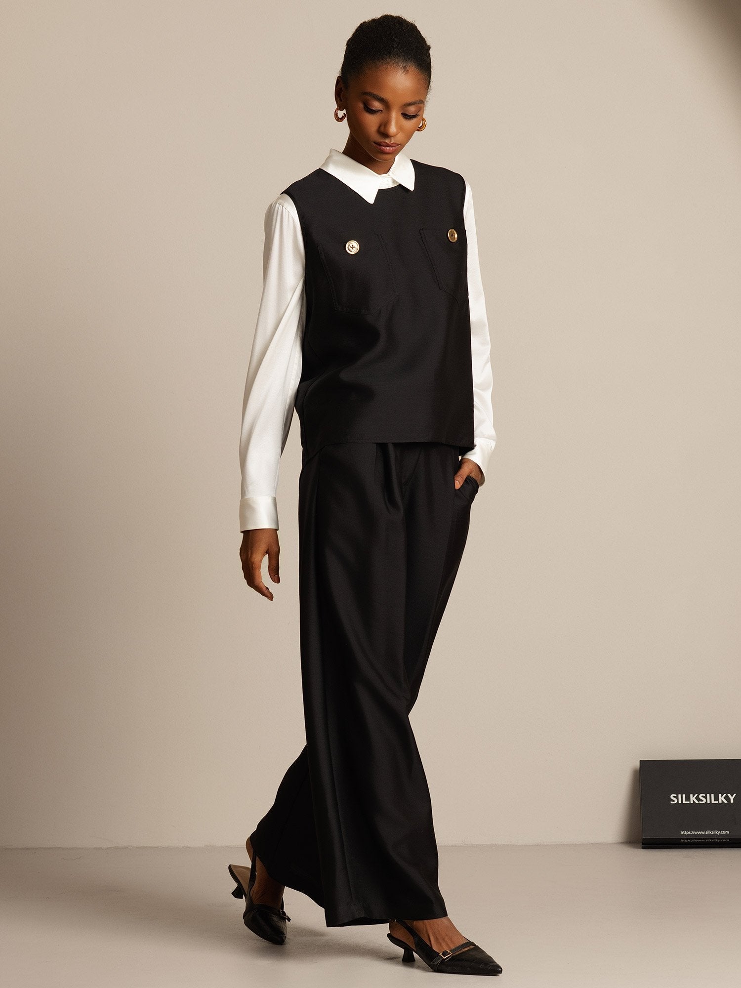 [Zwart] SilkSilky-NL 32Momme Silk-Wool Blend Womens Vest 006,