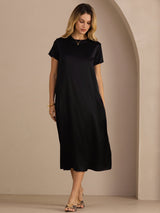 [Zwart] SilkSilky-NL Short Sleeve Round Neck Jurk 003
