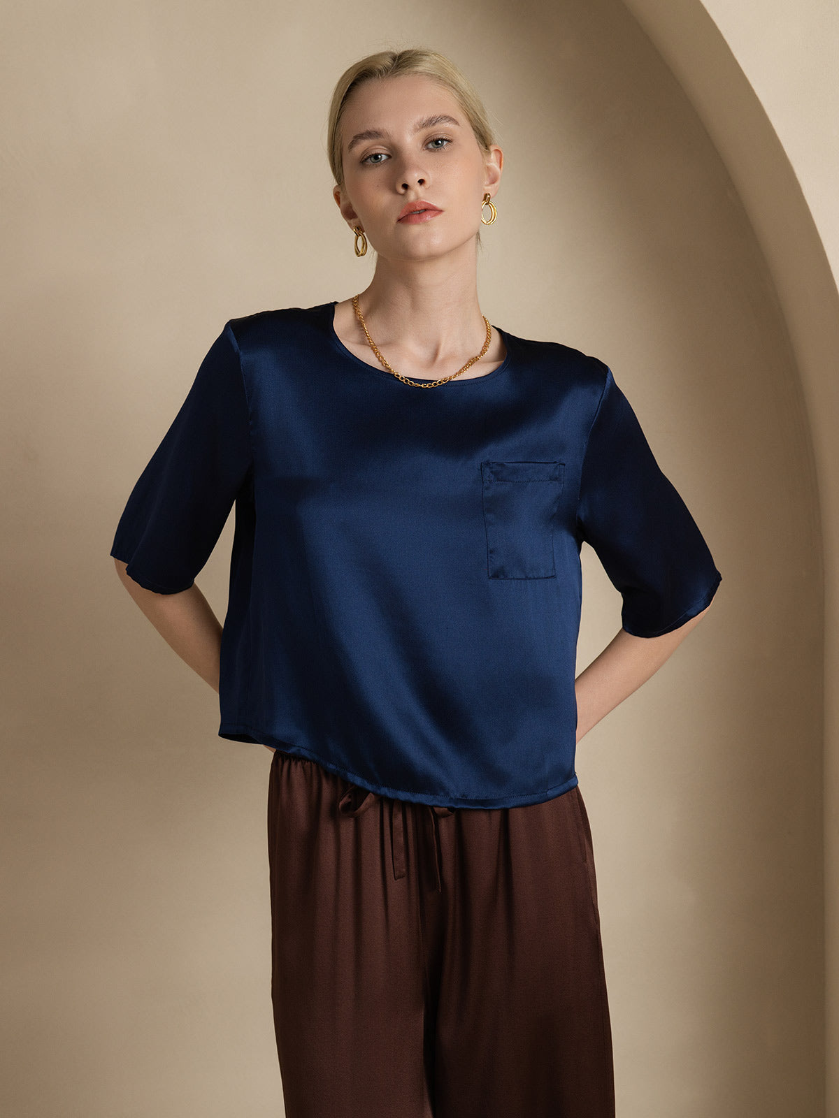 [Donkerblauw] SilkSilky-NL Boat Hals Dames T-Shirt 001