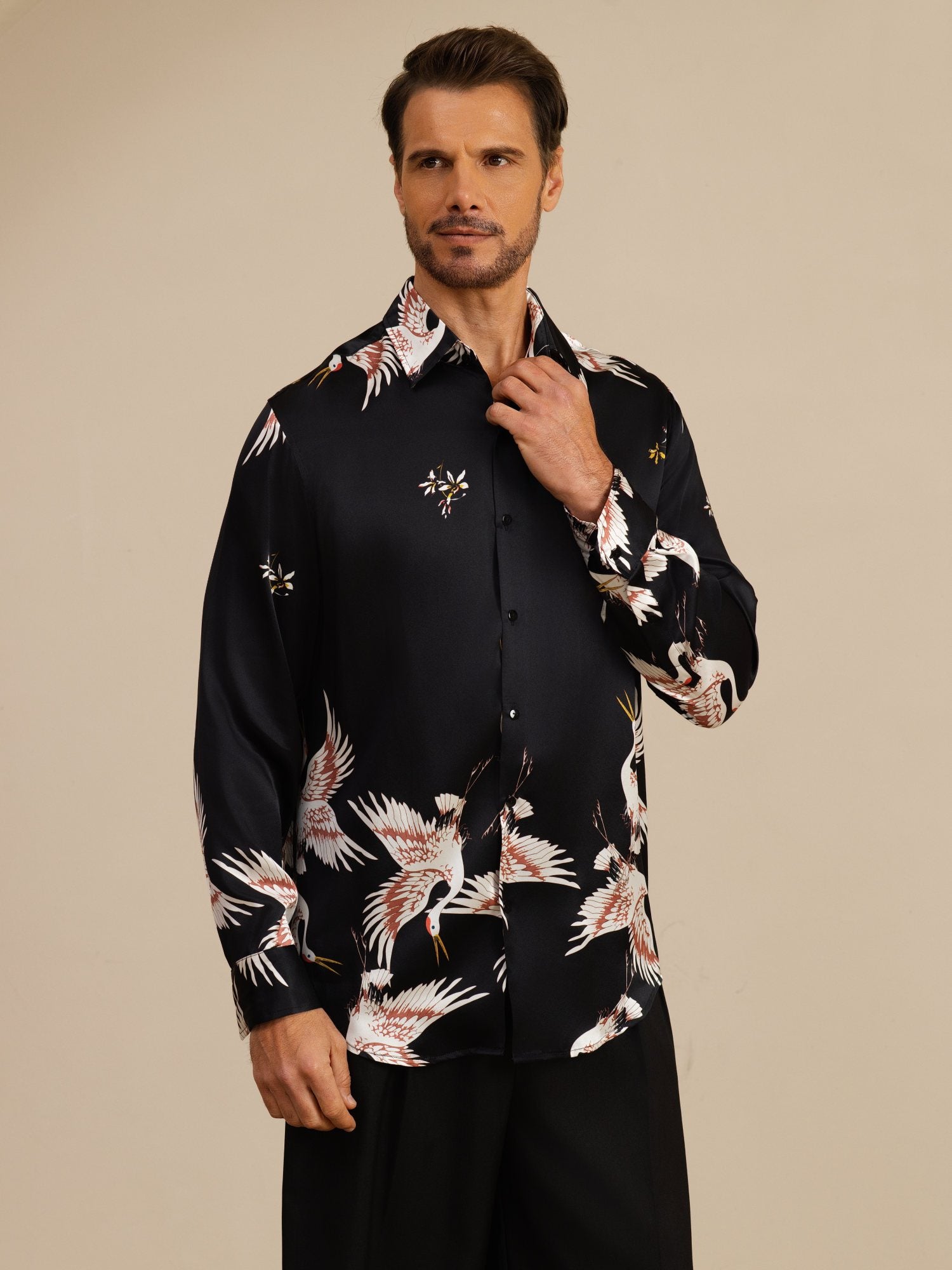 [Zwart] SilkSilky-NL 19Momme Lange Mouw Reverskraag Heren Shirt 005