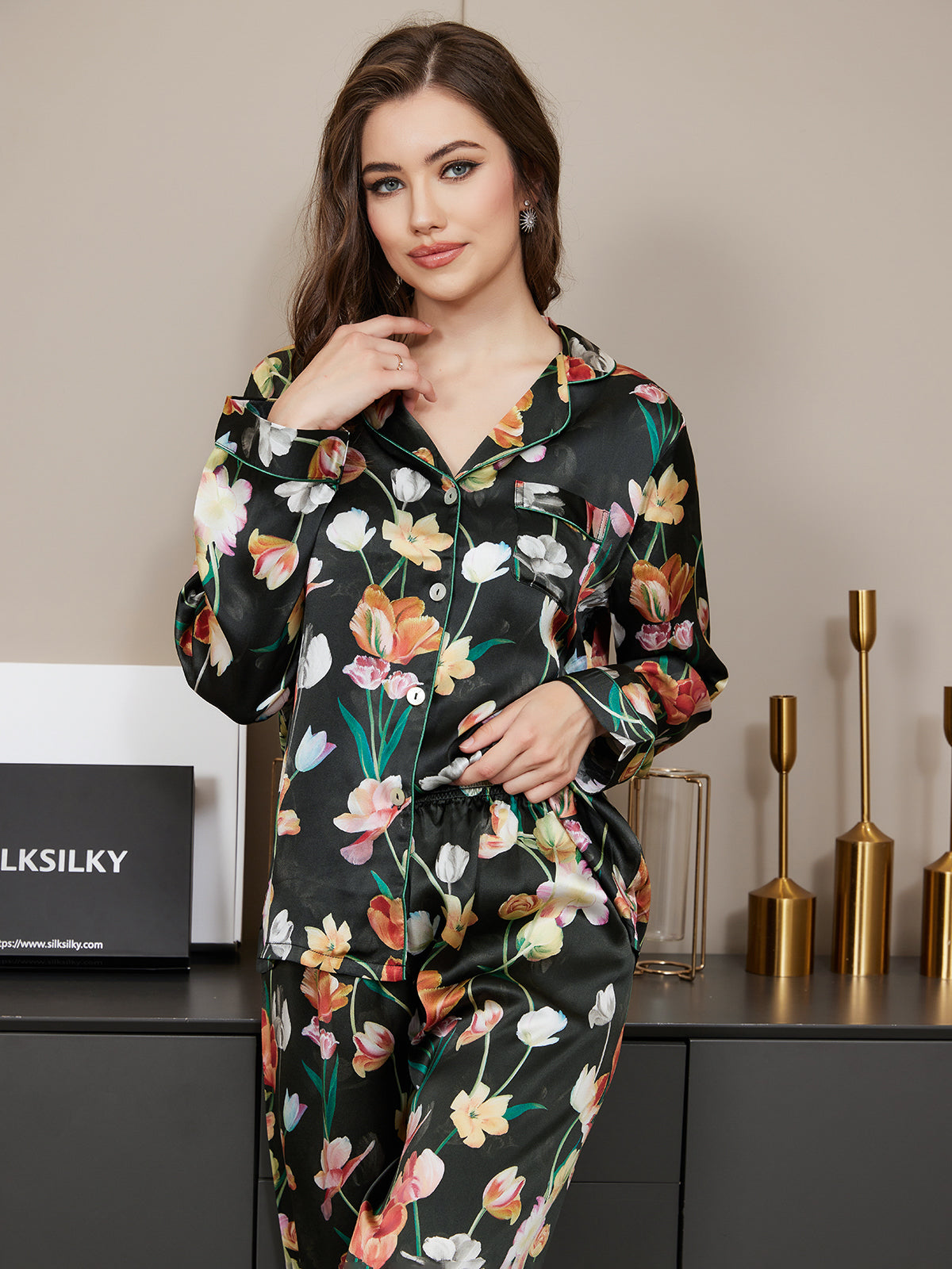 [Zwart] SilkSilky-NL Pure Silk Lange Mouw Revers Dames Pyjama Set 006