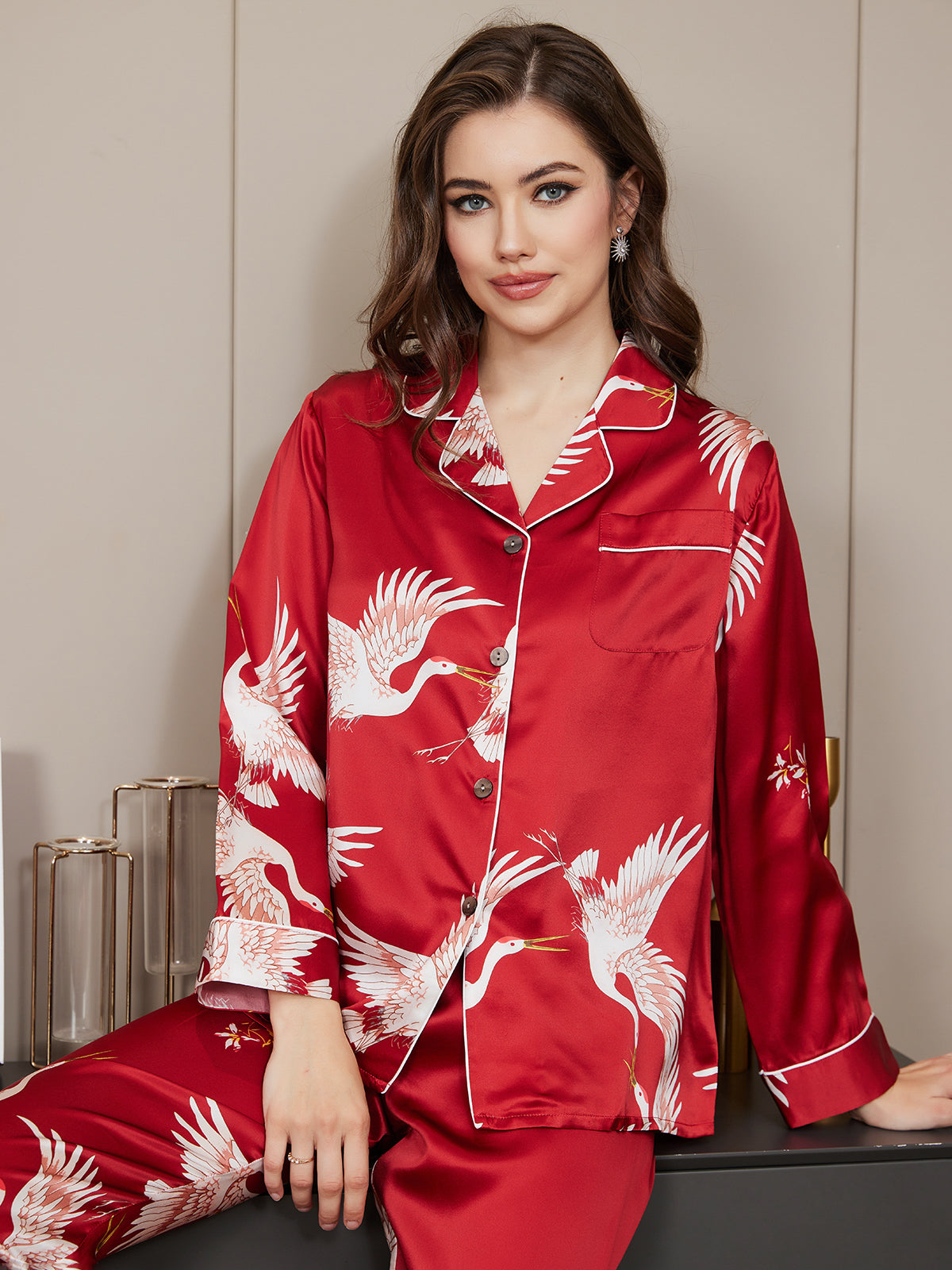 SilkSilky NL 19Momme Pure Silk Lange Mouw Revers Dames Pyjama Set Donkerrood 005