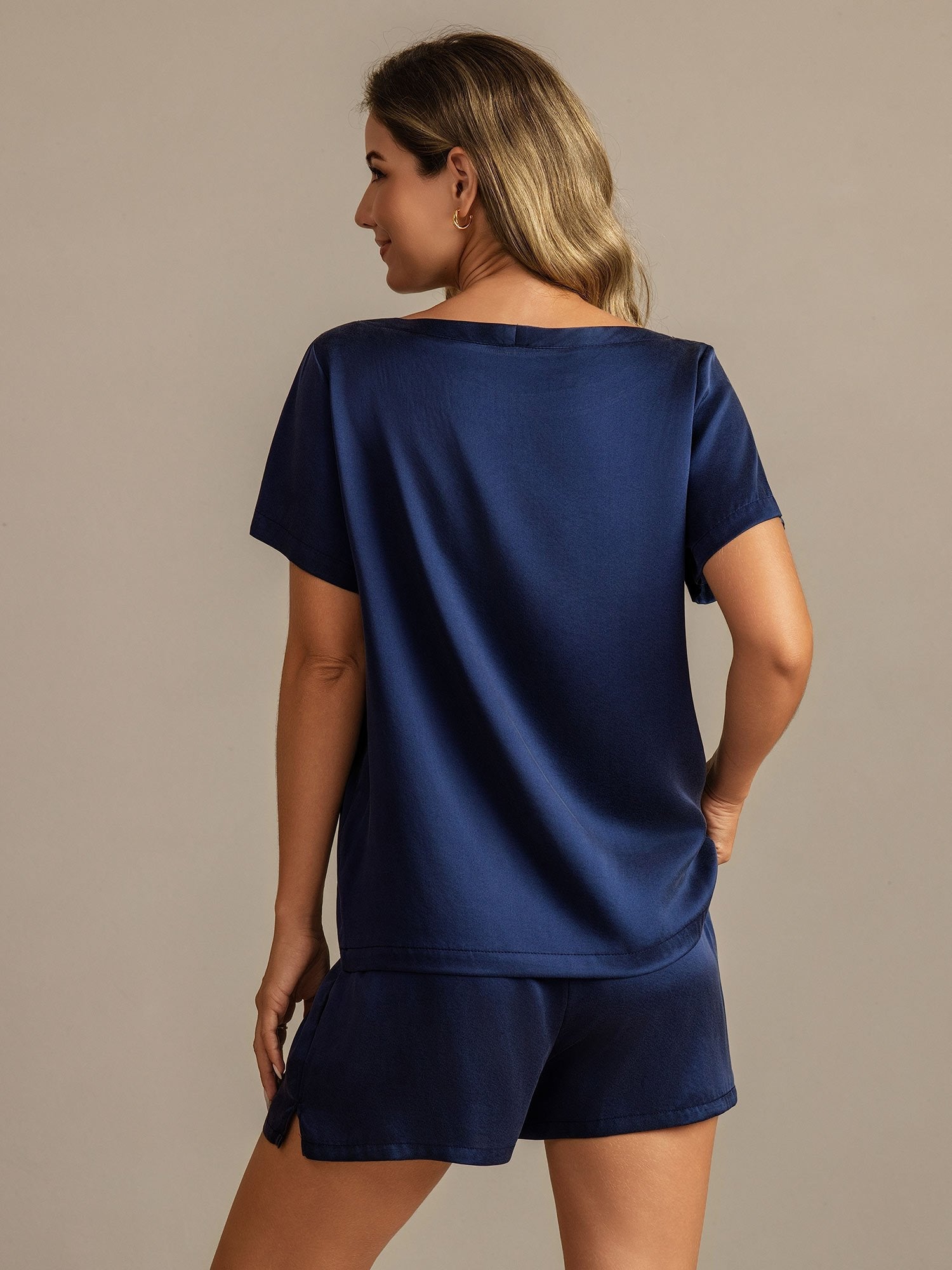 [Donkerblauw] SilkSilky-NL 19Momme Korte Mouw Ronde Hals Dames Pyjama Set 002