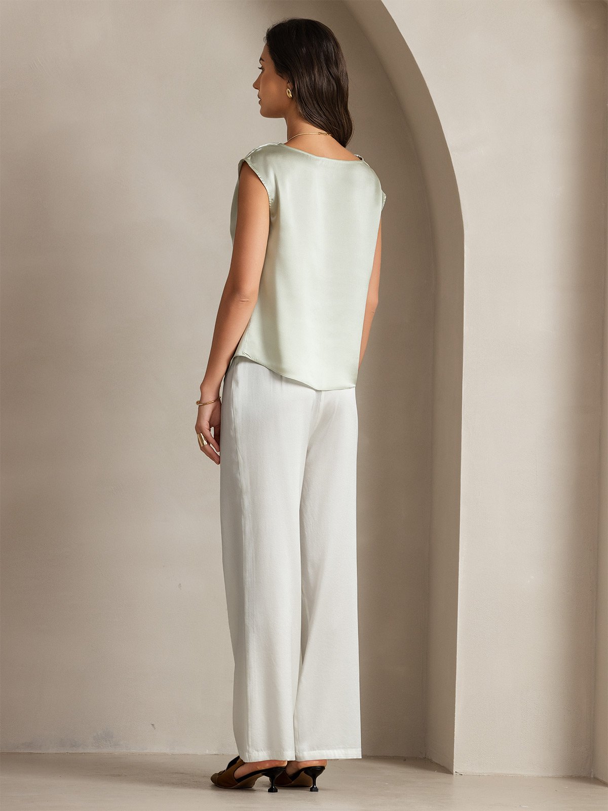 [Lichtgroene] SilkSilky-NL 19Momme Zijde Mouwloos Womens T-Shirt 002