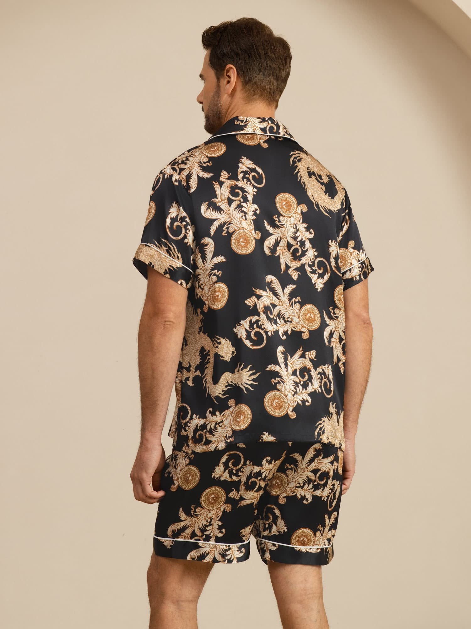 [Zwarte Draak] SilkSilky-NL Korte Mouw Notchkraag Heren Pyjama Set 002