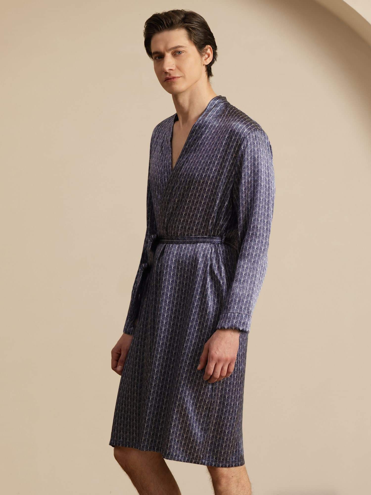 [Marine Ginkgo] SilkSilky-NL Long Sleeve V Neck Heren Kamerjas 005