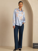[Lichtblauw] SilkSilky-NL Long Sleeve Lapel Collar Dames Blouse 008