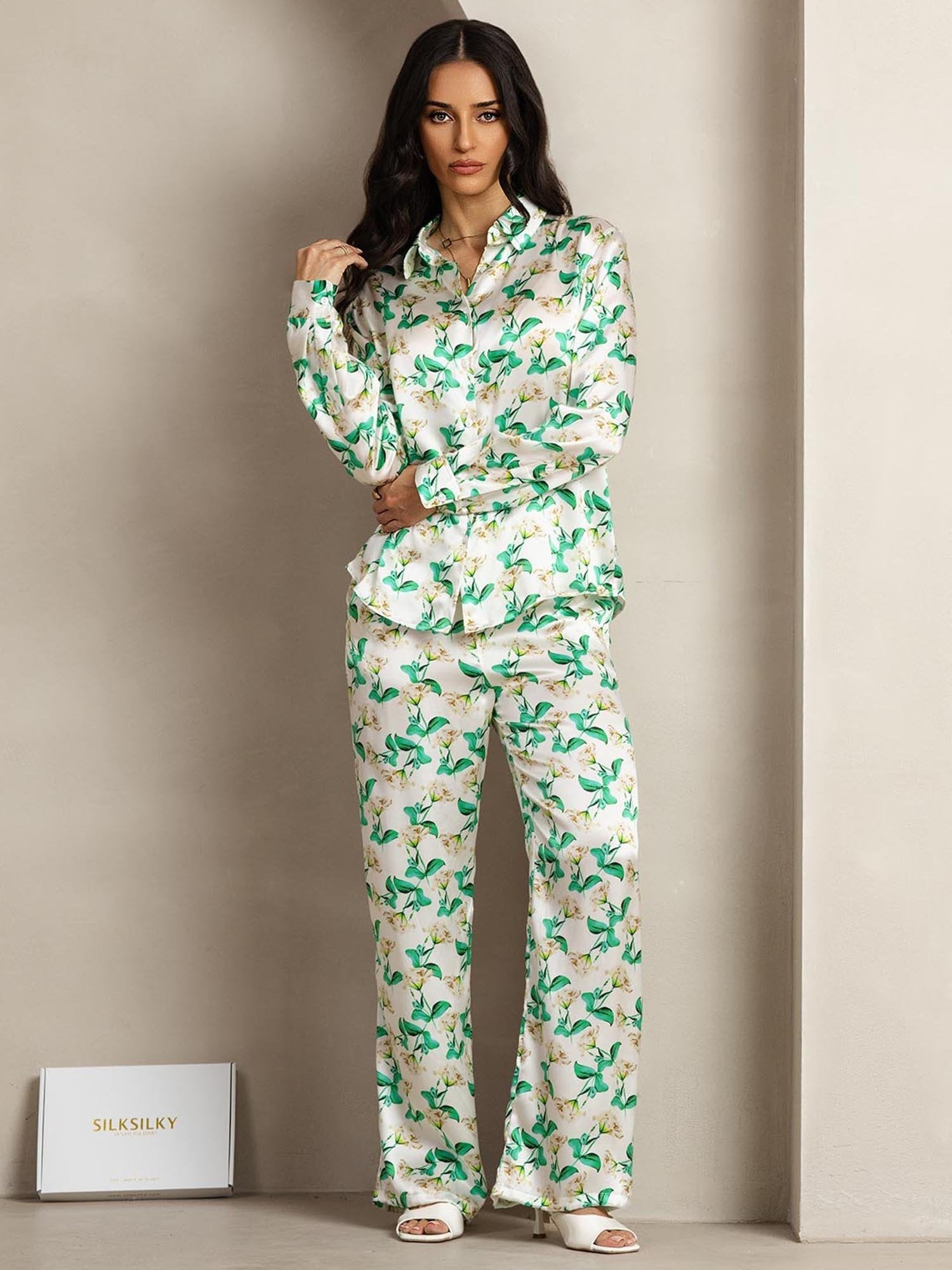 [Groene Bloemen] SilkSilky-NL 19Momme Zijde Kraag Women''s Outfit Sets 004