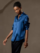 [Koningsblauw] SilkSilky-NL 19Momme Lange Mouw Reverskraag Dames Blouse 006