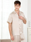 SilkSilky NL 19Momme Pure Silk Korte Mouw Revers Heren Pyjama Set Beige 002