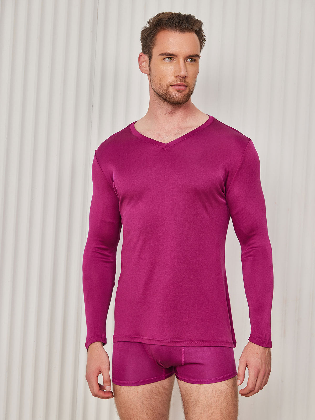 [Donkerrood] SilkSilky-NL Zijde Gebreid Lange Mouw V-Hals Heren T-Shirt 003