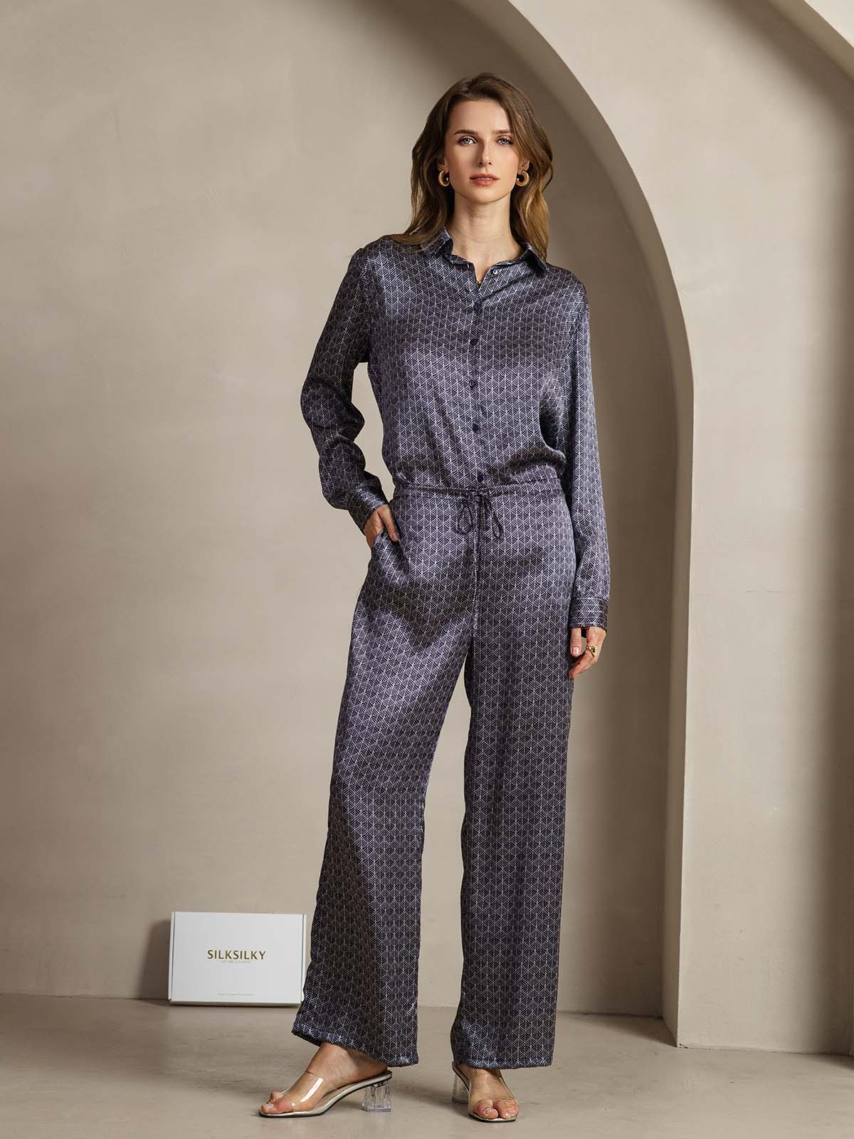 [Marine Ginkgo] SilkSilky-NL 19Momme Zijde Womens Pants 004