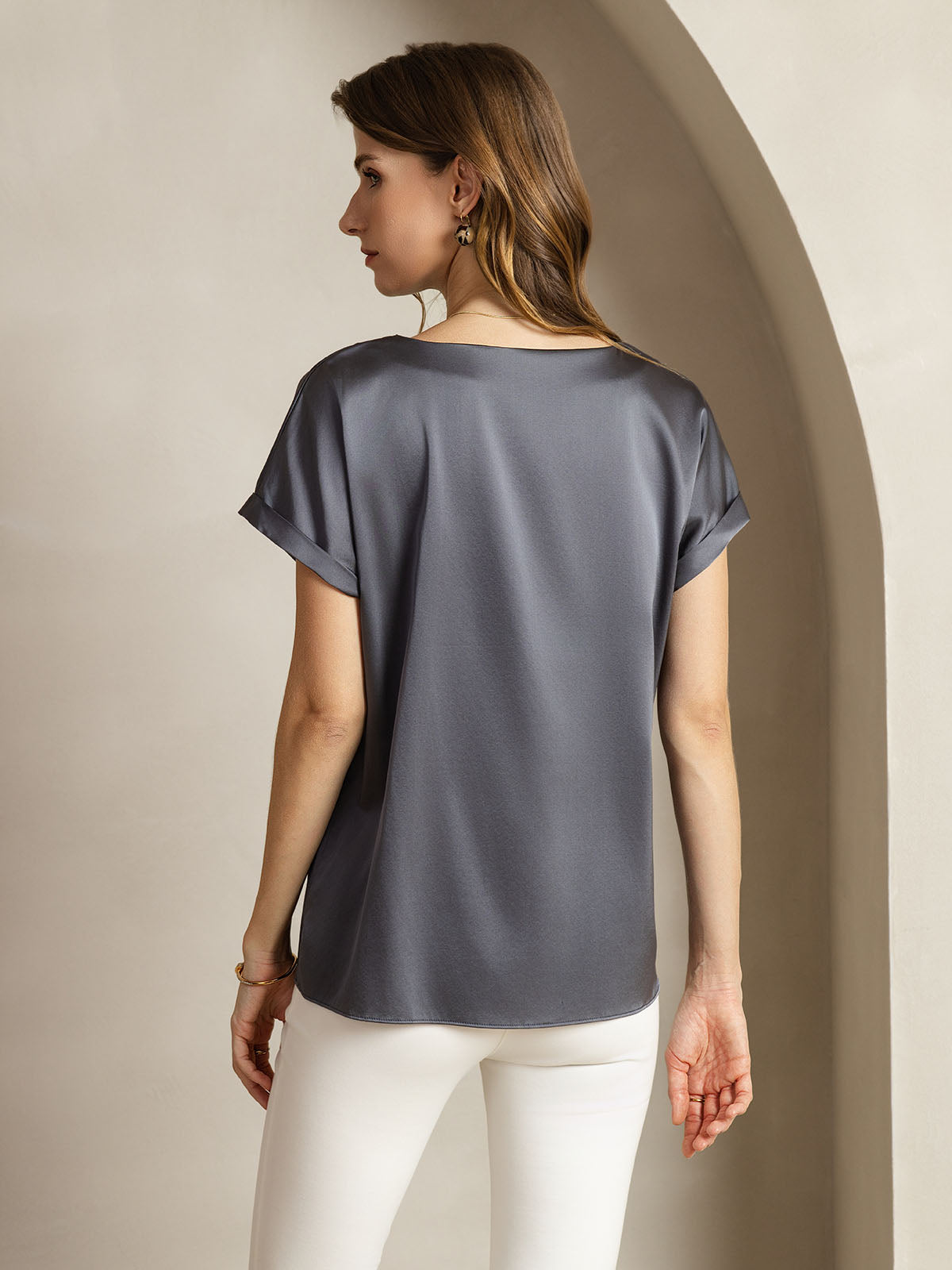 [Donkergrijs] SilkSilky-NL 19Momme Zijde Ronde Hals Dames T-Shirt 002