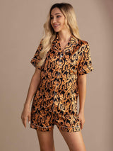 [Zwarte Tijger] SilkSilky-NL Short Sleeve Lapel Collar Dames Pyjama Set 001