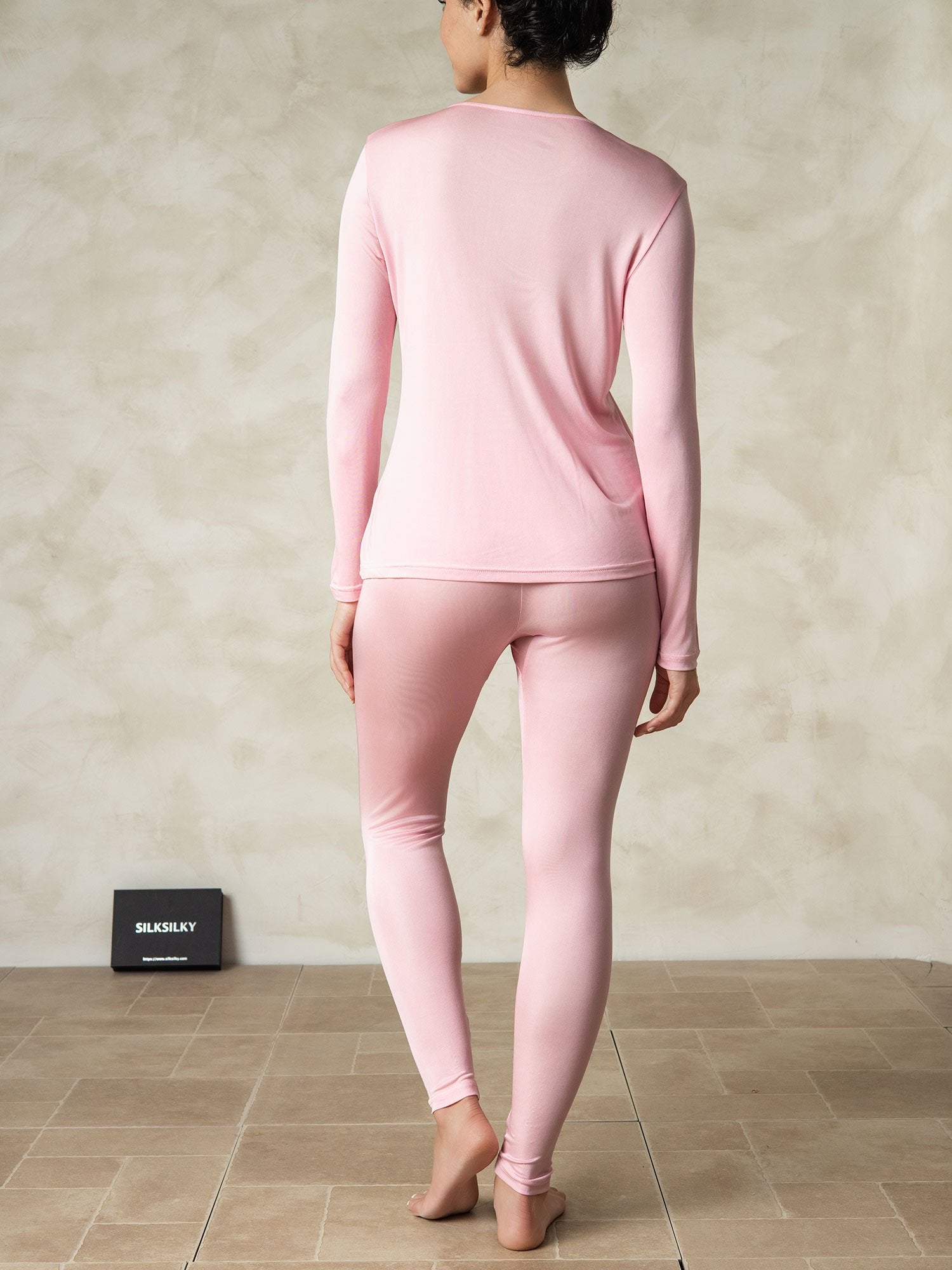 [Roze] SilkSilky-NL Zijde Ronde Hals Dames Pyjama Set 002