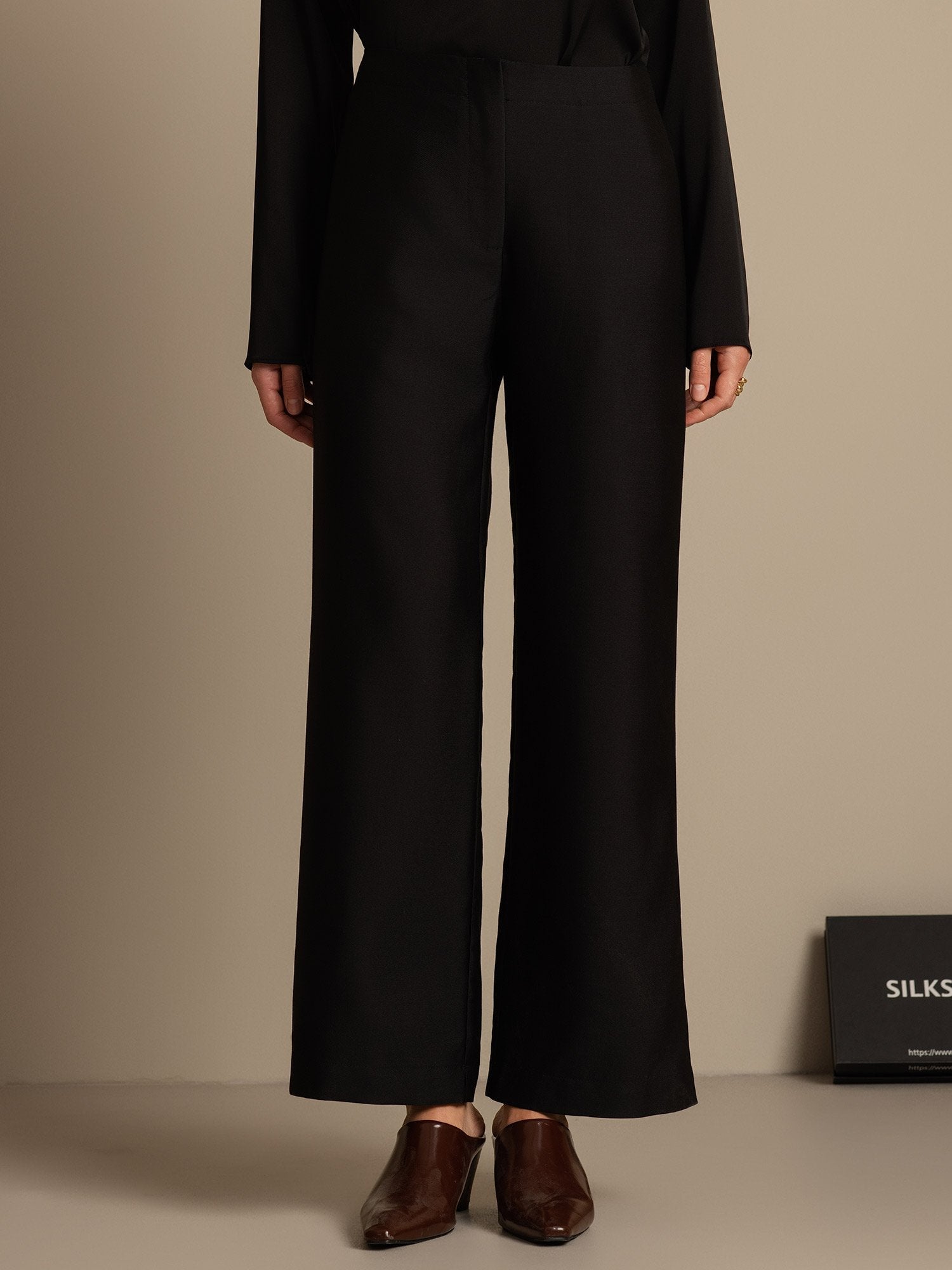 [Zwart] SilkSilky-NL 32Momme Silk-Wool Blend Womens Pants 001,