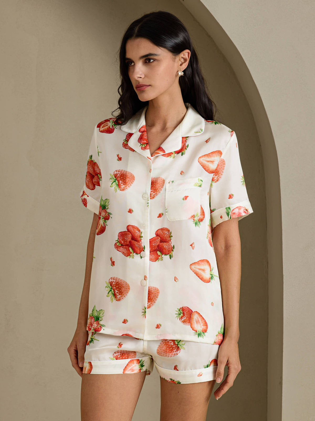 [Witte Aardbei] SilkSilky-NL Short Sleeve Notch Collar Dames Pyjama Set 001