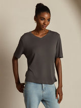 [Grijs] SilkSilky-NL Korte Mouw V Hals Dames T-Shirt 006