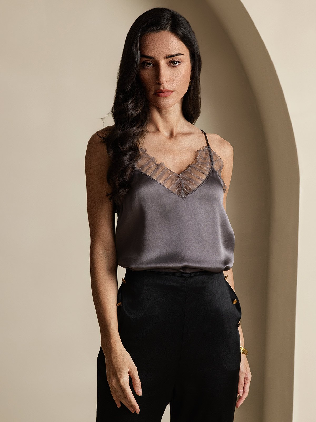 SilkSilky-NL Zijde Diepe V-Hals Cami-Top PaarsGrijs 003