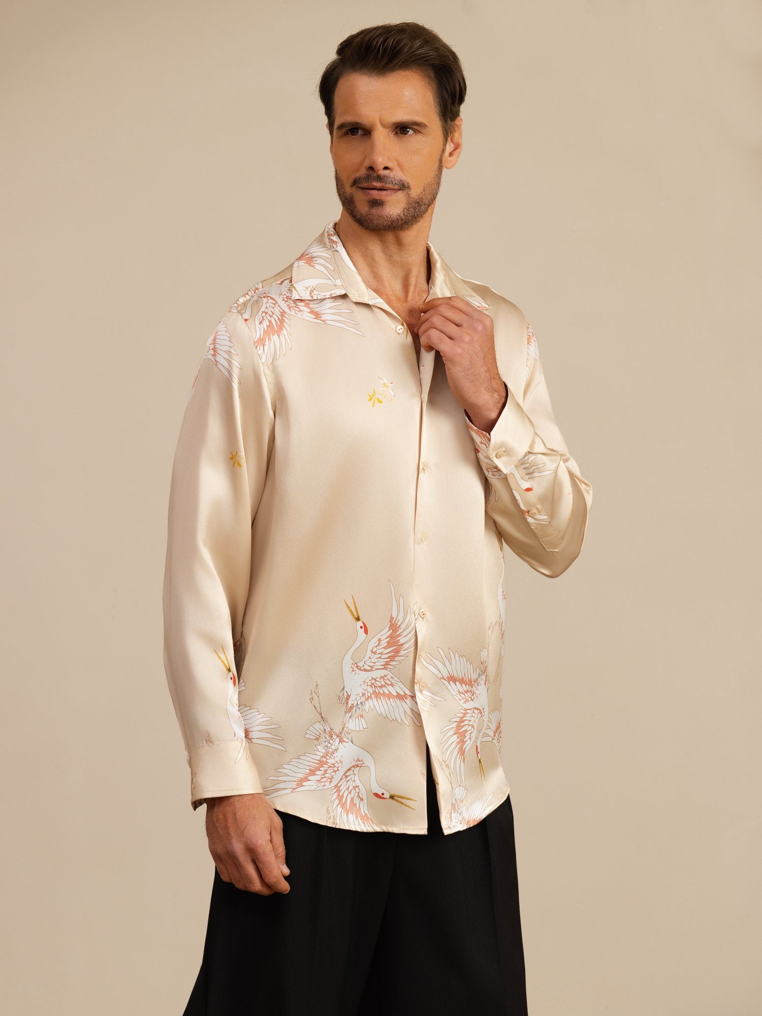 [Champagne] SilkSilky-NL 19Momme Lange Mouw Reverskraag Heren Shirt 005