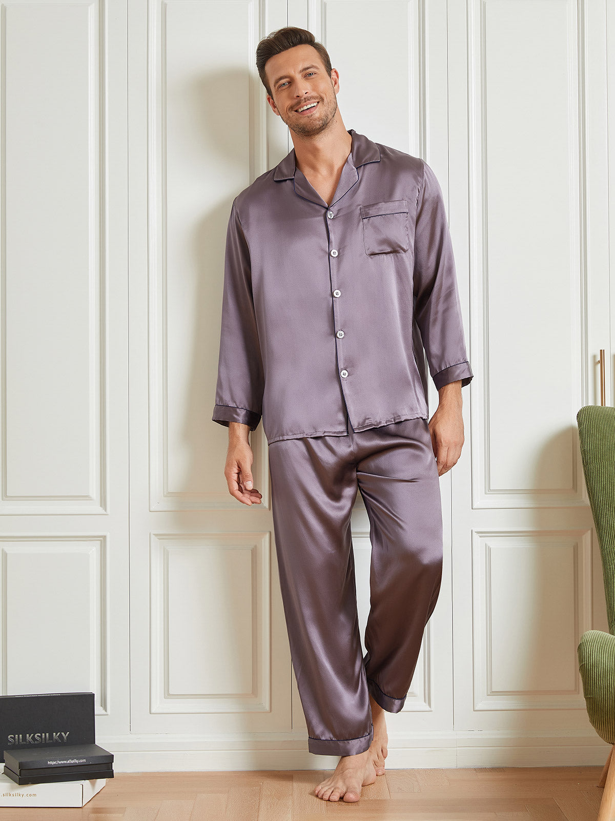 SilkSilky NL 19Momme Pure Silk Lange Mouw Revers Heren Pyjama Set Grijs 001