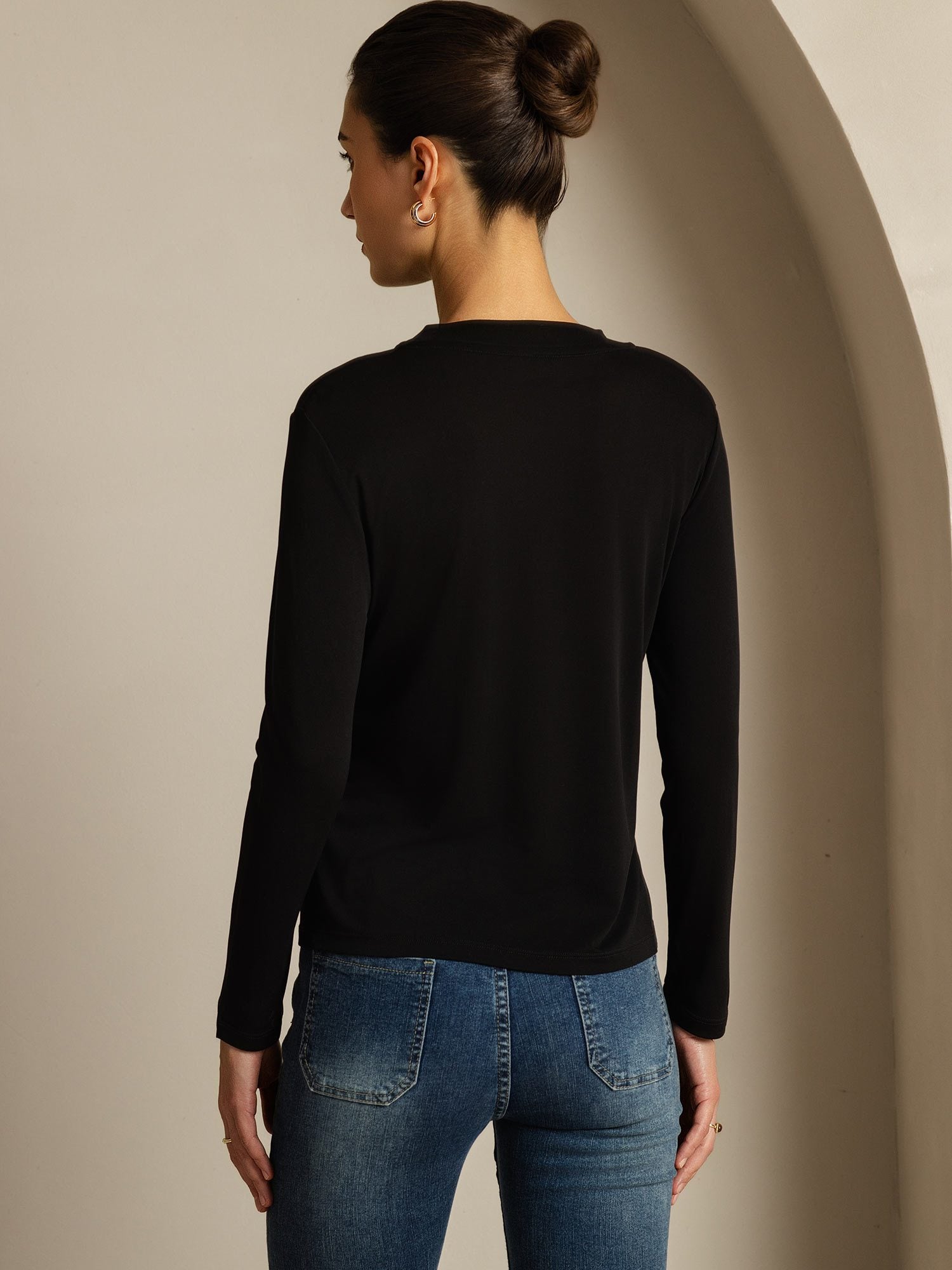 [Zwart] SilkSilky-NL Zijde Ronde Hals Dames T-Shirt 002