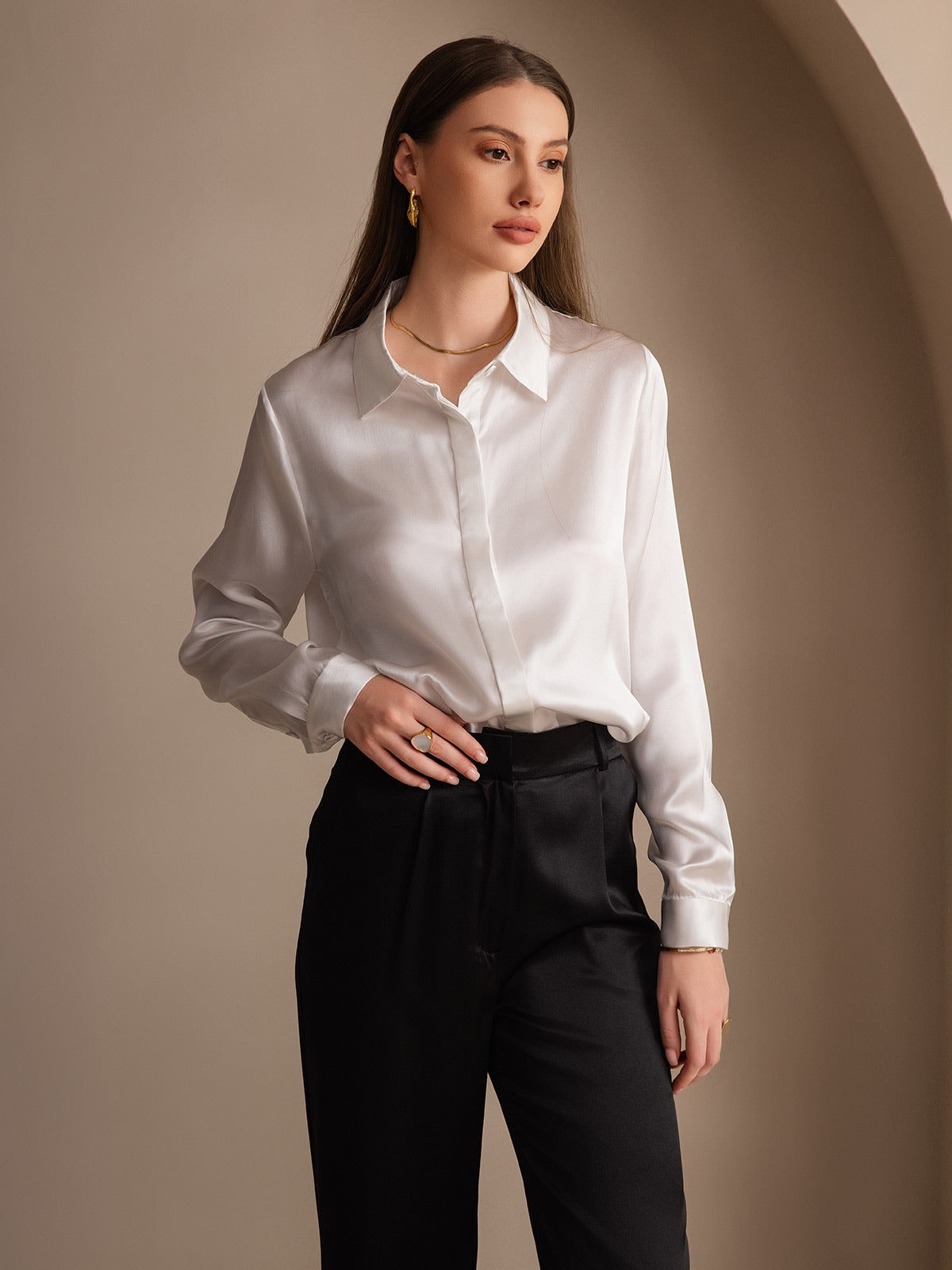 [Wit] SilkSilky-NL 19Momme Zijde Lapel Collar Dames Blouse 001