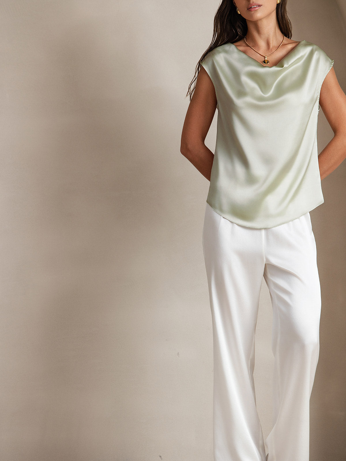 [Lichtgroene] SilkSilky-NL 19Momme Zijde Mouwloos Womens T-Shirt 004