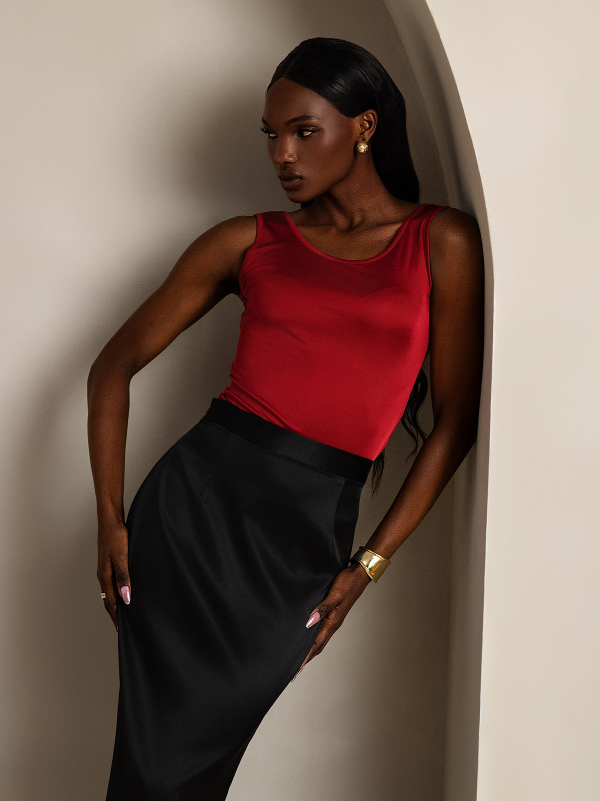 [Wijn] SilkSilky-NL Mouwloos Ronde Hals Dames T-Shirt 001