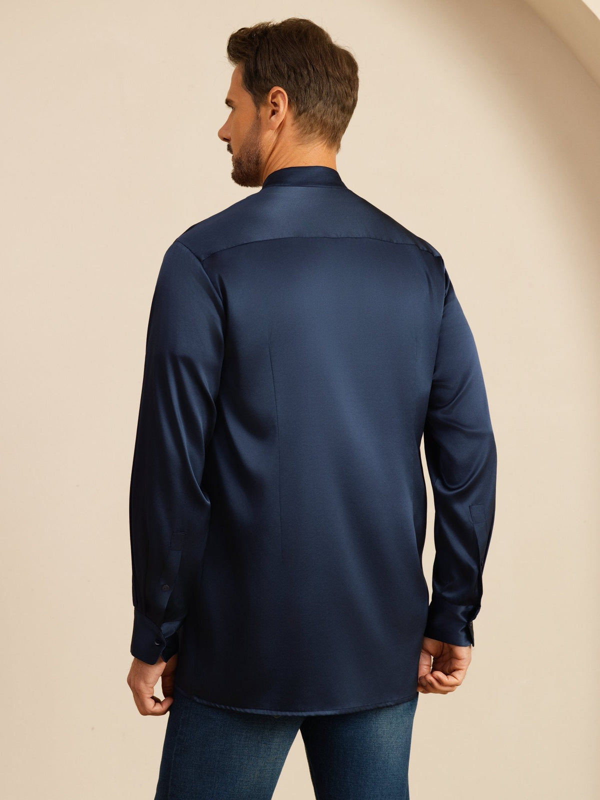 [Donkerblauw] SilkSilky-NL Long Sleeve Stand Collar Heren Shirt 002