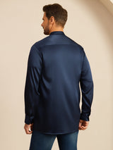 [Donkerblauw] SilkSilky-NL Long Sleeve Stand Collar Heren Shirt 002