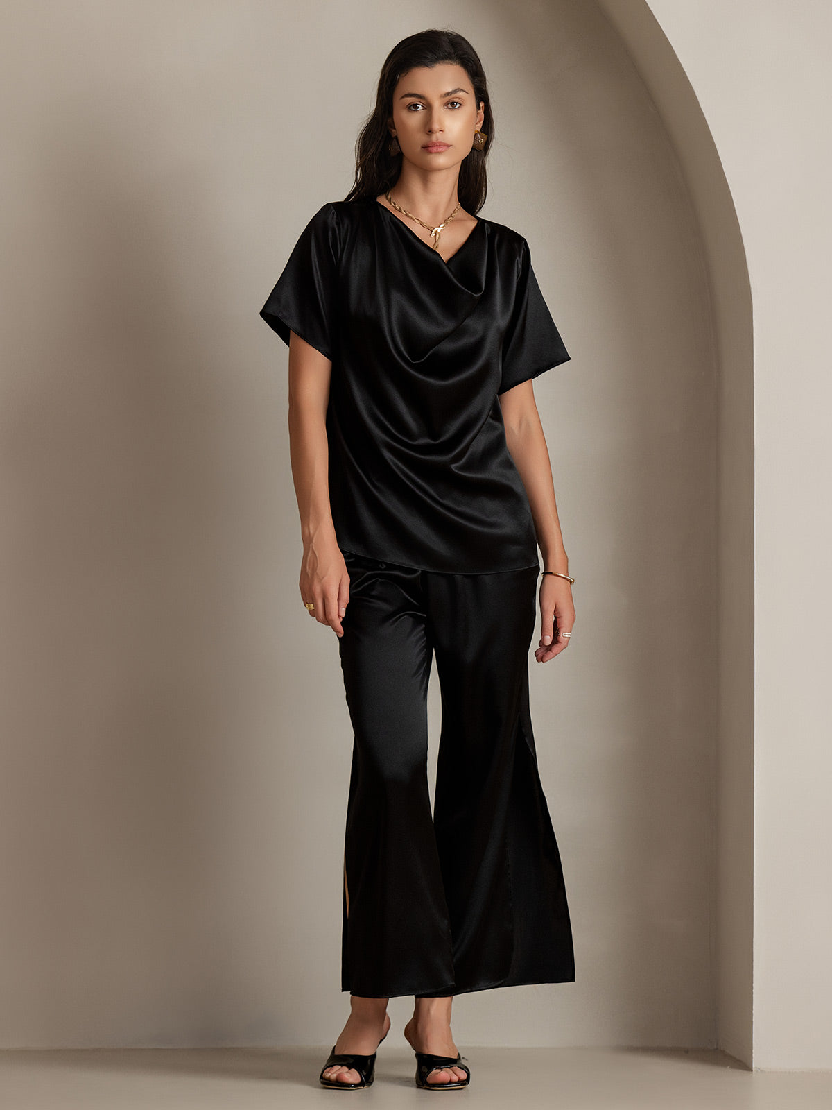 [Zwart] SilkSilky-NL 19Momme Zijde Womens T-Shirt 003